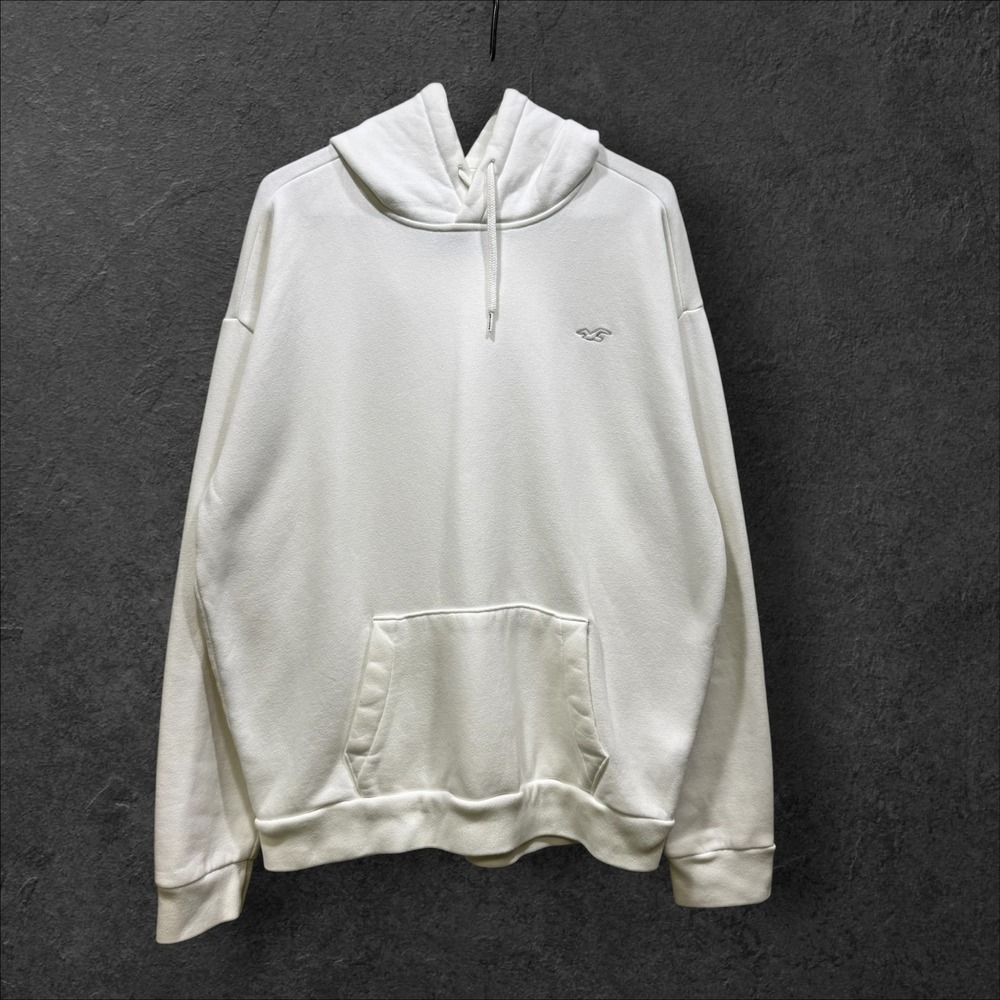 Hollister Womens XL White Fleece‎ Pullover Hoodie Embroidered Logo Relaxed Fit